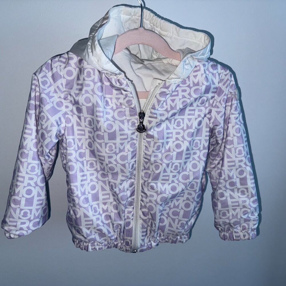 Moncler Kids Girls Logo Hooded Jacket – Size 3A (Toddler) – Lilac/White